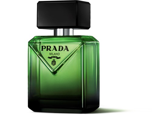 Green Prada perfume bottle with a black cap and logo label.