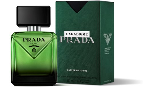 Green Prada perfume bottle with black cap, next to green box labeled Paradigm Prada Eau de Parfum.