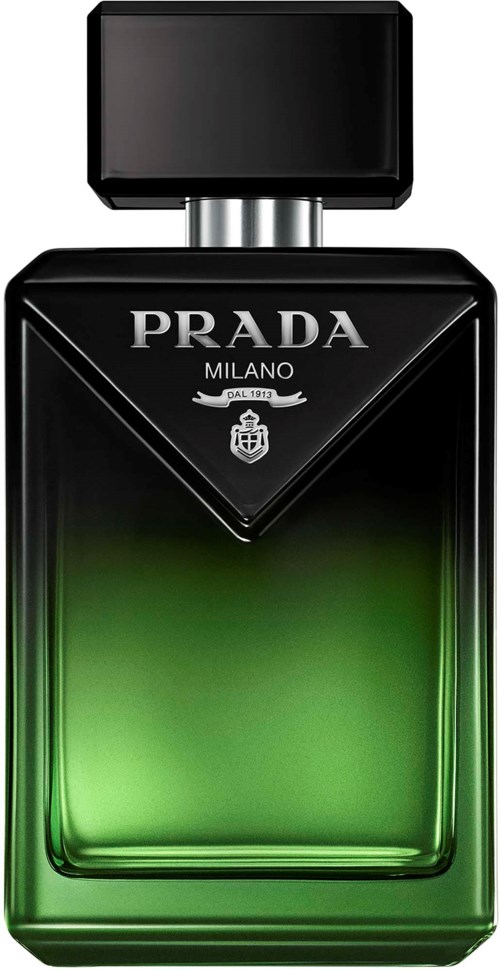  Butelka perfum Prada Milano o zielonym i czarnym gradientzie z prostokątnym czarnym zakręcakiem.