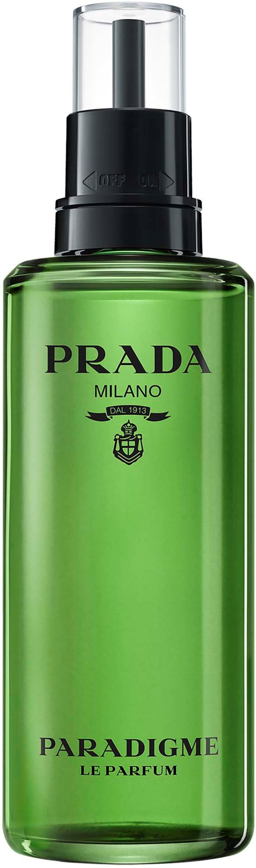 Zielona butelka perfum Prada Milano z czarnym i przezroczystym korkiem, nazwa marki widoczna z przodu.