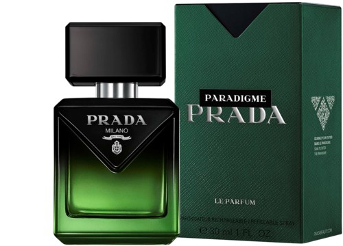 Prada Paradigm butelka perfum z zieloną i czarną obudową.