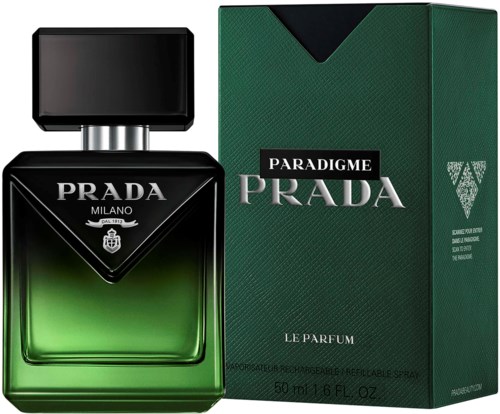 Flakon perfum Prada Milano Legend z czarnym zakrętką obok zielonego opakowania.