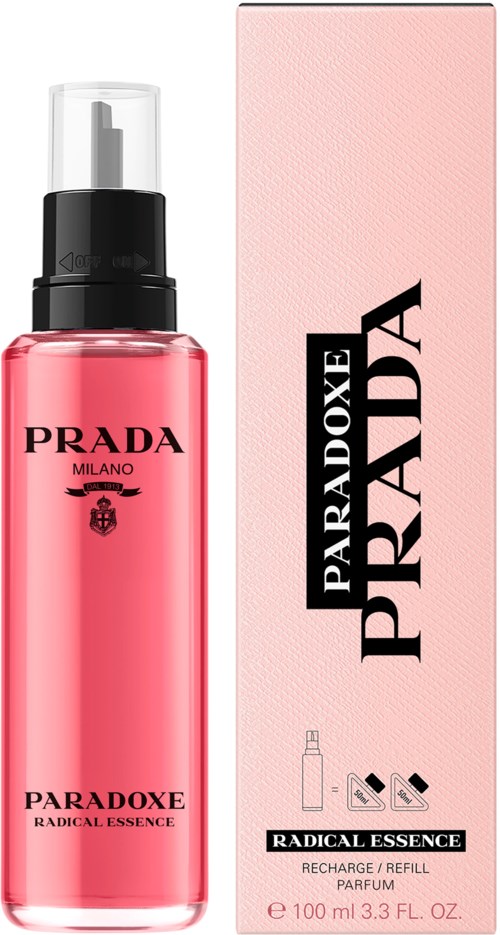 Pink perfume bottle with black cap and pink box, labeled Prada Paradoxe Radical Essence, shows it is a refillable fragrance.