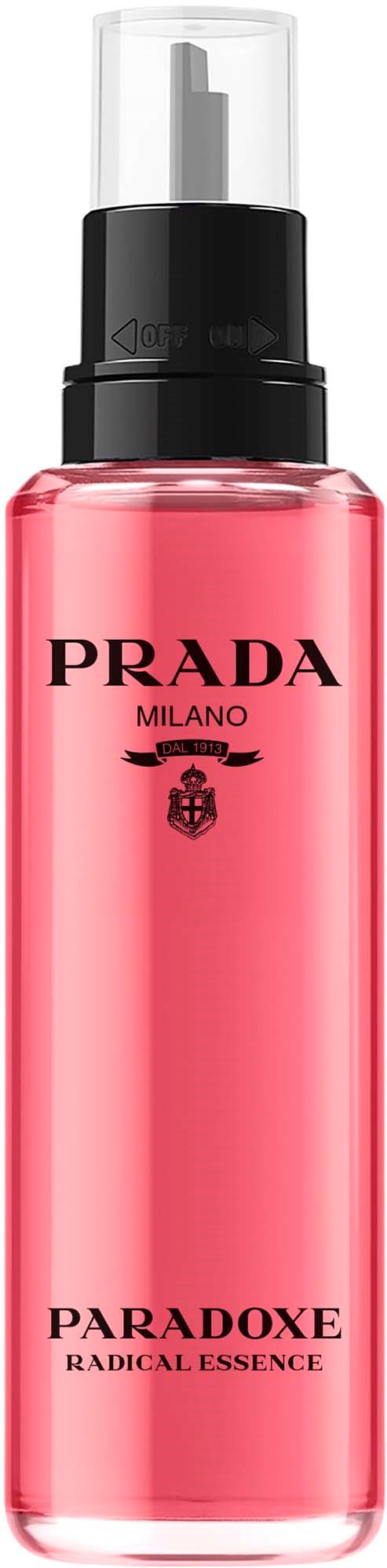 Pinkki pullo pumppulla, merkitty Prada Paradoxe Radical Essence tuoksu.