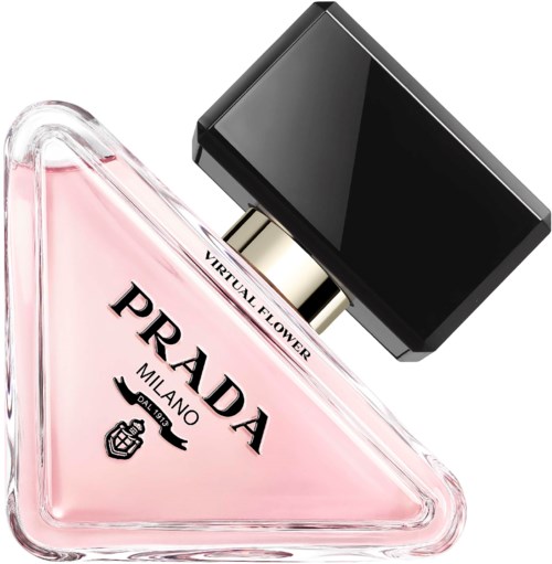 Pink Prada parfymeflaske med svart lokk, trekantformet og merket Virtual Flower.