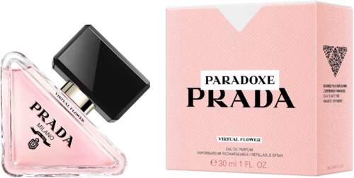 En rosa Prada-parfymeflaske og eske merket Paradoxe Virtual Flower med svart kork.