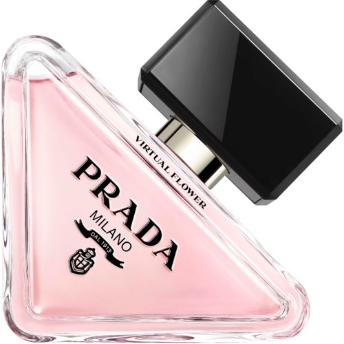 En rosa Prada parfymflaska med svart lock, triangulär form och märket Virtual Flower.
