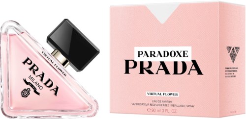 En rosa parfymflaske og en matchende rosa eske merket Paradox Prada Virtual Flower.