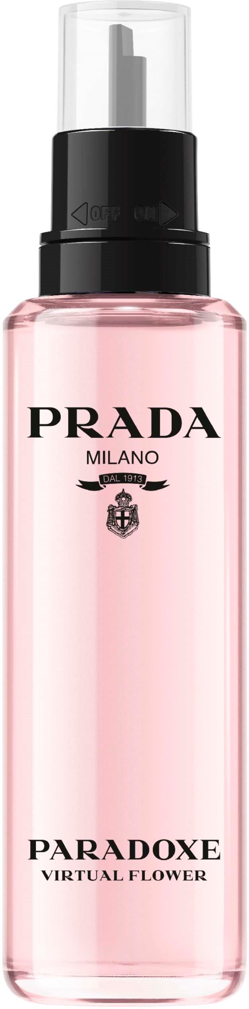 A pink bottle with a black cap and pump, labeled Prada Paradoxe, Virtual Flower.