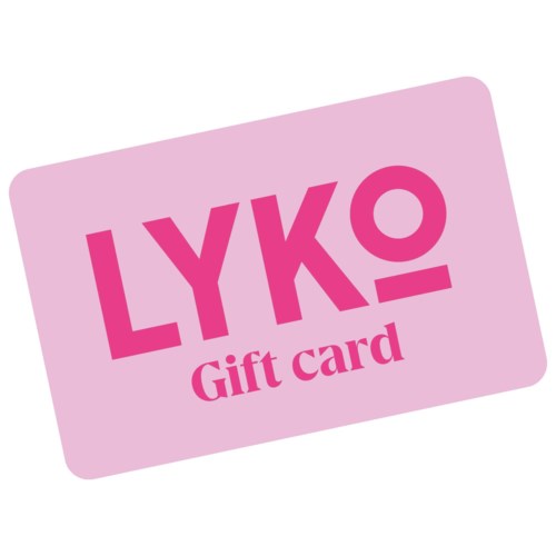 Rosa presentkort med ordet "LYKO" och en liten presentaskikon. Texten säger "Gift card".