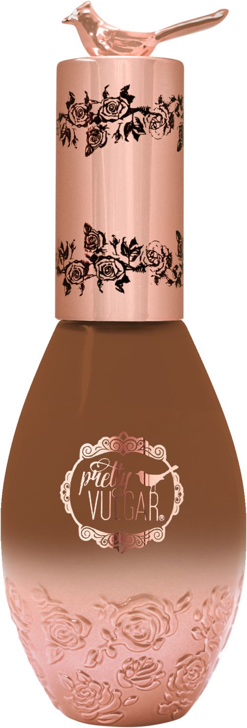 A brown and pink woman’s lotion bottle with floral designs and a pump top.