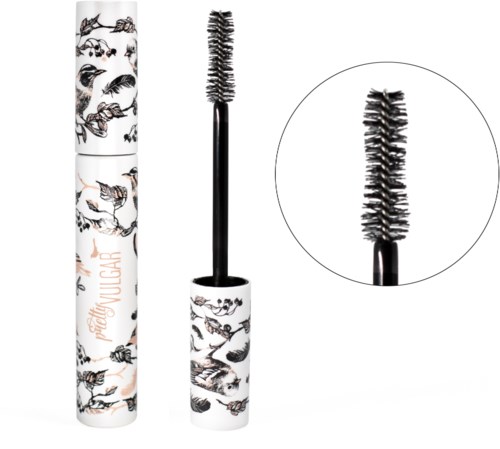En mascara-ecot med fågel- och fjädermönster, och dess öppnade borste som visar mascaraborst.