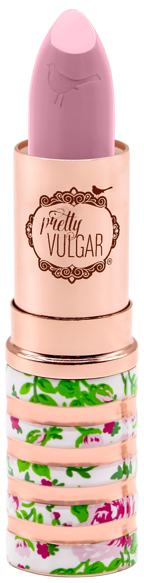 Ett rosa läppstift med ett dekorativt rosa och grönt randigt skal, märkt "pretty VULGAR."