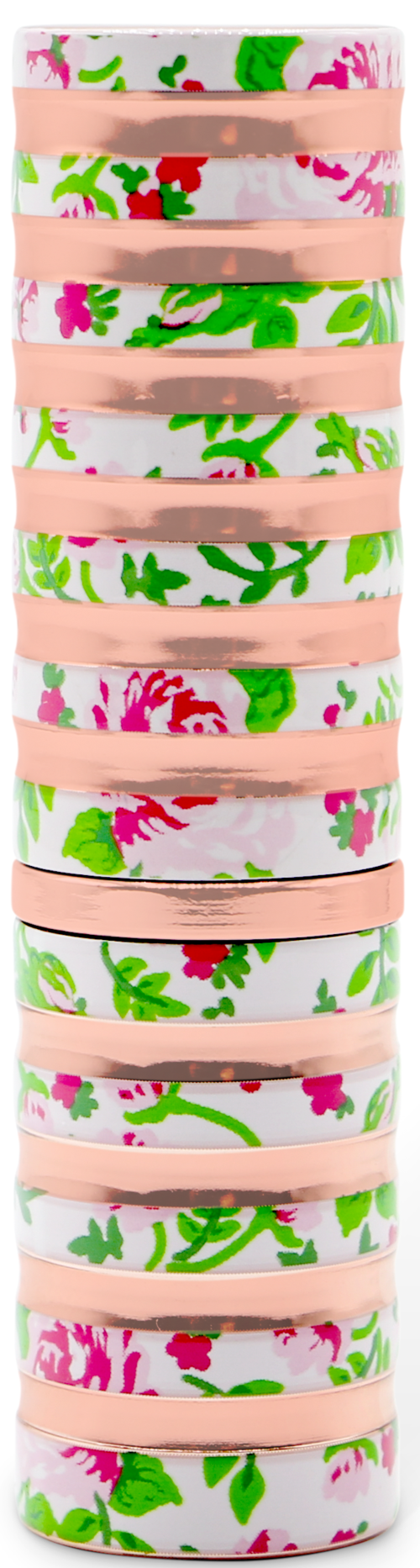 Staplade rullar tejp i rosa och vitt med gröna och rosa blommönster.