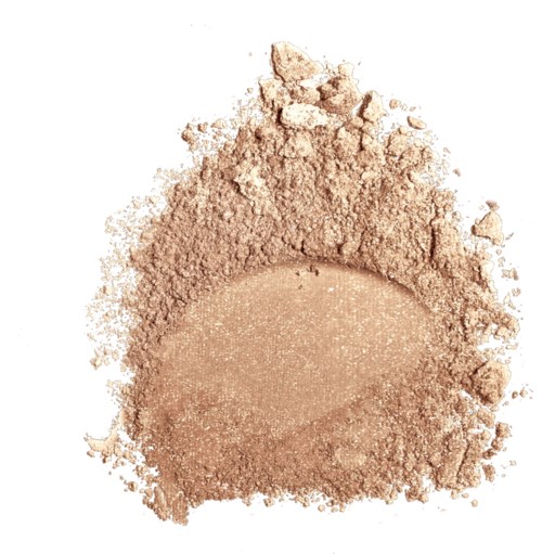 Et beige pulver, sandsynligvis makeup eller kosmetik, med nogle klumper omkring et glattere, ovalformet område.