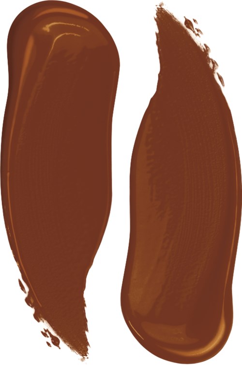 Two brown brush strokes are made on a white background, one thicker and rounded, the other elongated and curved.