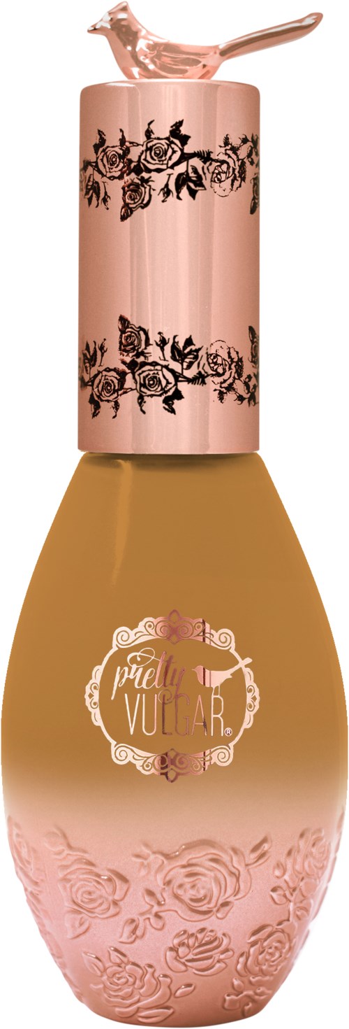 A bottle with a gold and pink design, floral patterns, and a pump dispenser labeled 'Pied de Vulcain.'