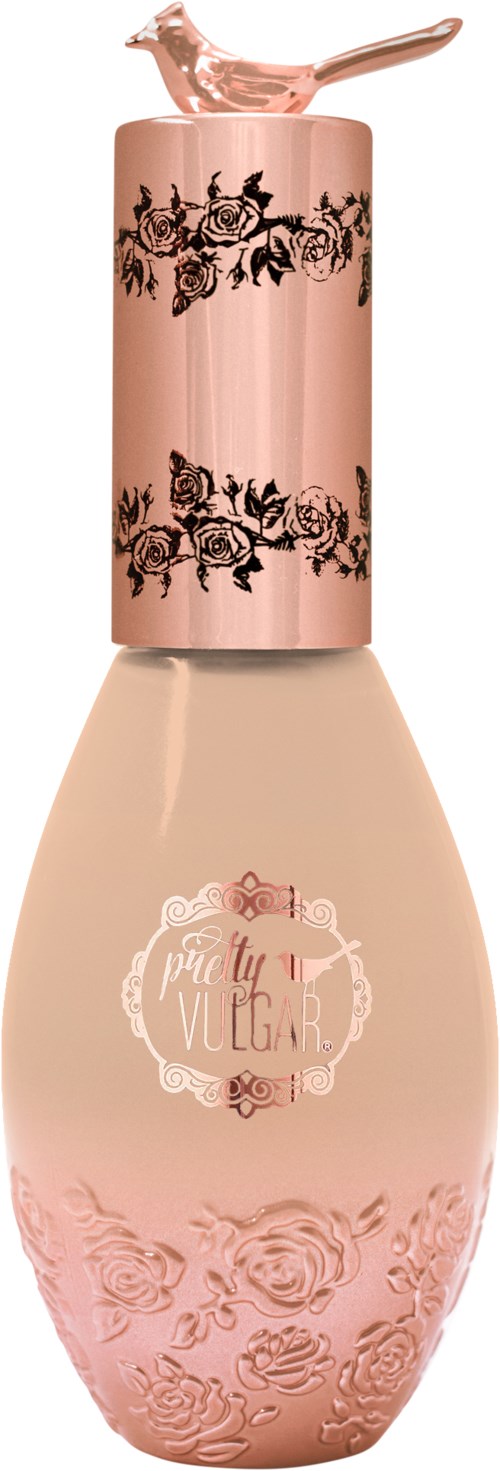 En rosa flaska med svarta blommönster på locket och ett texturerat rosdesign på undre delen.