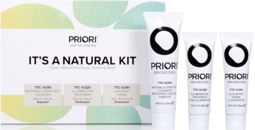 En hudplejesæt fra Priori med tre forskellige tubes og en boks mærket 'It's a Natural Kit' til glødende hud.