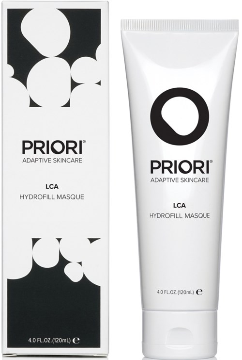 En hvit tube og eske med Priori Hydrofill Masque, et hudpleieprodukt, med svart og hvitt sirkulært logo og tekst.