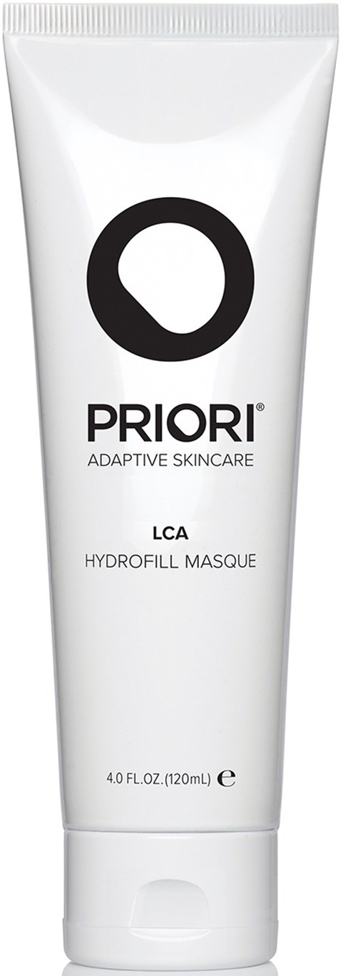En hvit tube med svart tekst og logo, merket Priori Hydrofill Masque, for hudpleie. Den inneholder 4 oz.
