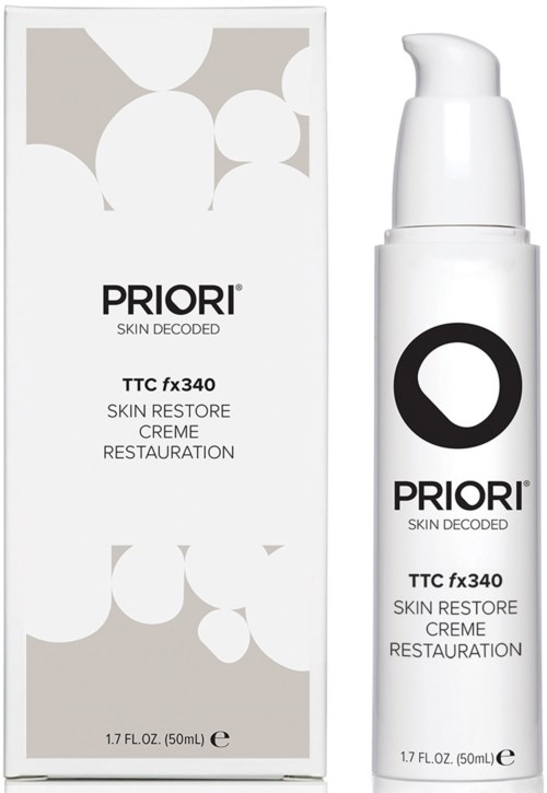 Et hudpleieprodukt kalt PRIORI Skin Decoded TTC fx340 Skin Restore Cream med flaske og eske.