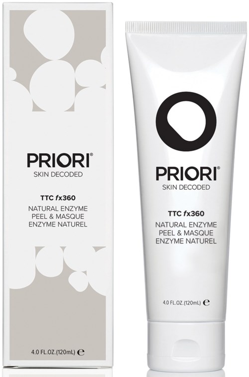 En hudpleieproduksjonstube og eske merket Priori Skin Decoded med naturlig enzympeeling og maske. 120 ml.