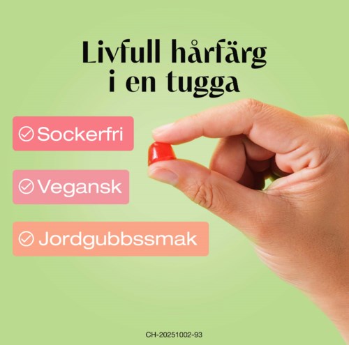Grön bakgrund med svart text om livfull hårfärg i en påse. Rosa och orange taggar nämner sockerfri, vegansk och jordgubbssmak.