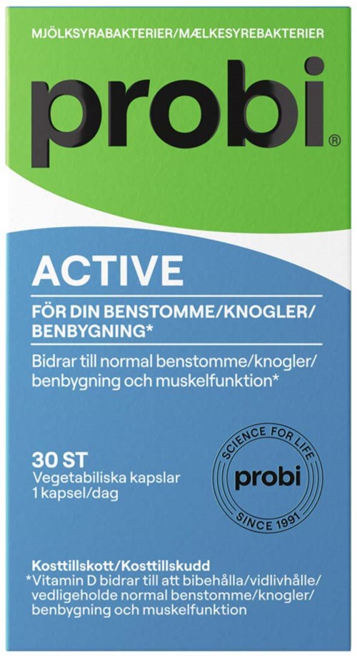 Probi active dietary supplement box with 30 vegetarian capsules for bone and muscle health.