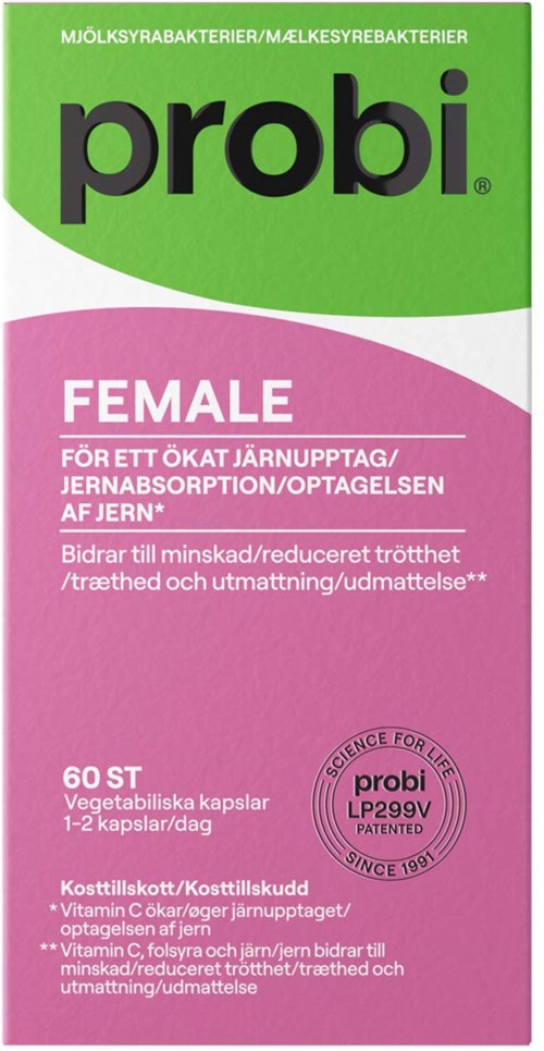 Probi brand box with pink and green colors, shows 60 vegetarian capsules for women's health and fatigue reduction.