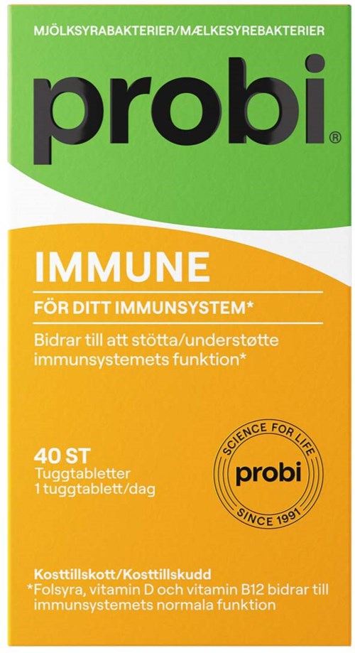 Probi Immun supplement box with green and orange design, containing 40 chewable tablets for supporting the immune system.