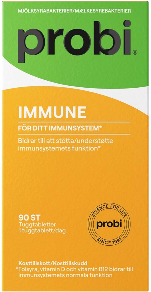Probi immune supplement box with green and orange design, showing product name and details in Swedish.