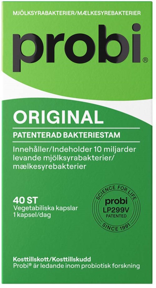 Green Probi Original probiotic supplement box with capsules, contains 10 billion live bacteria per capsule, for daily use.
