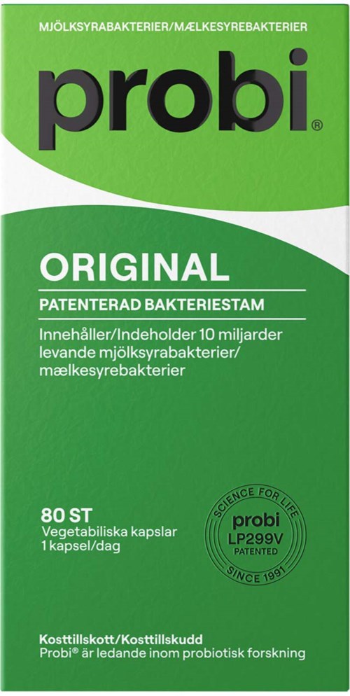 Green and white package of Probio Original probiotic capsules with text in Swedish and logo.