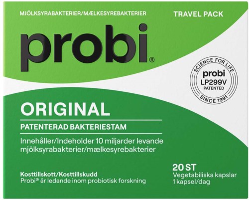 Green package of probiotic capsules with Probi logo and product details in Swedish.