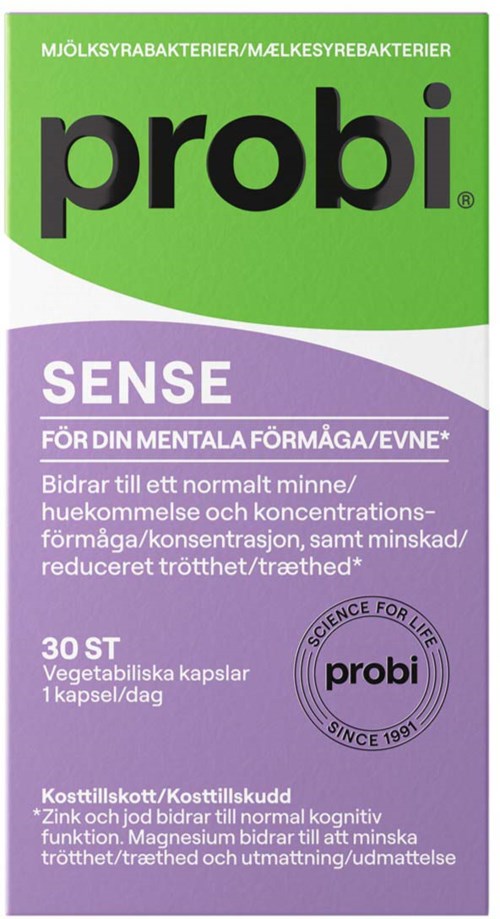 Probi Sense probiotic supplement box with green and purple design and text in Swedish.
