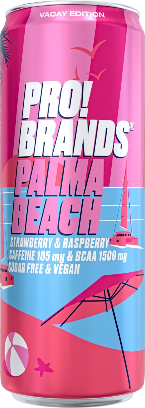 En lang rosa boks med en strandscene, seilbåt og palmer som annonserer Pro! Brands Palma Beach drikke med jordbær og bringebær.