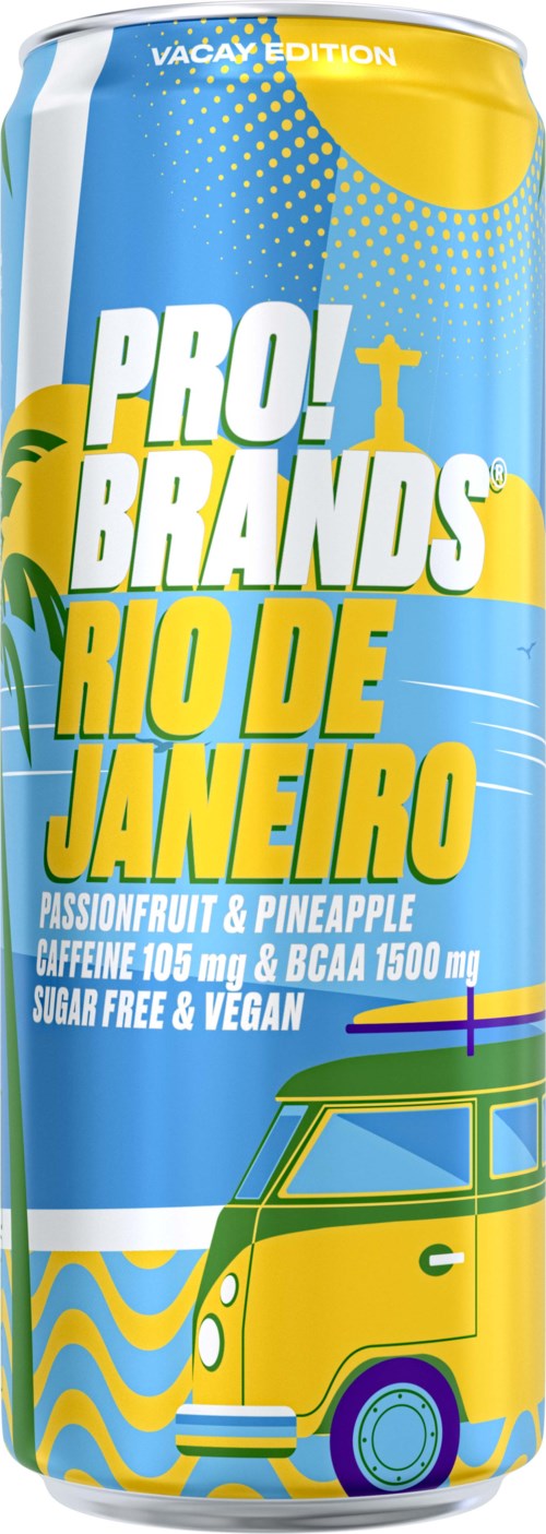 En boks med blå, gul og grønn design har en sitron og ananas, en varebil og nevner Rio de Janeiro.