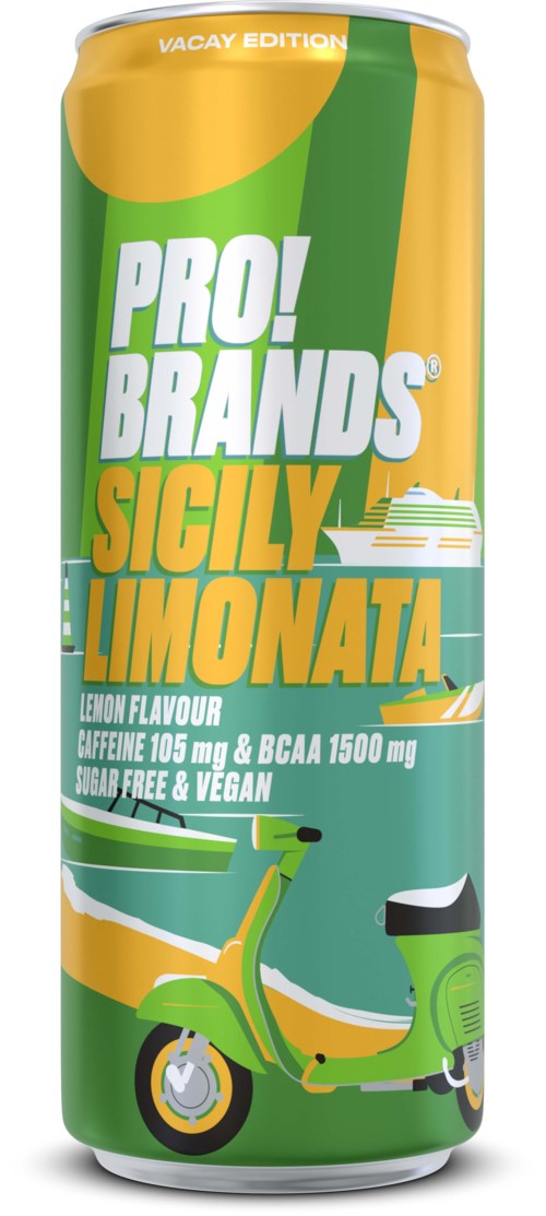 En lang, grønn og gul boks med en scooterbilde, som promoterer lime- og sitrus-smak, koffein og BCAA-innhold.