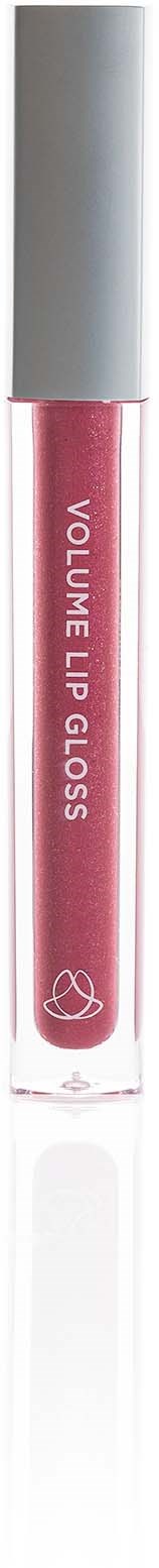 En lyserød læbestift med sølvhætte, mærket "VOLUME LIP GLOSS".