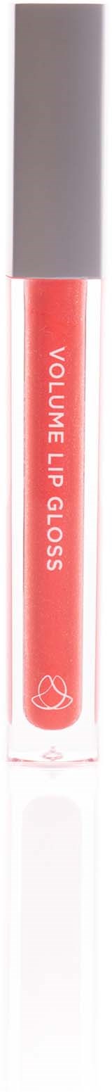 En læbepomade med pink farve og sølvhætte. Tekst siger "VOLUME LIP GLOSS". Lille ikon nederst.