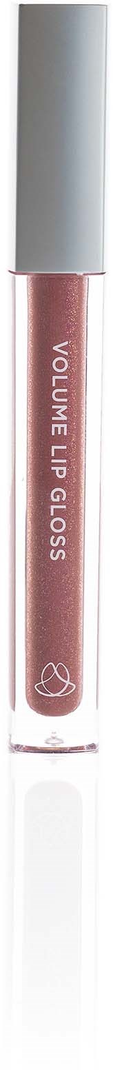 Læbglansrør med sølvhætte, mærket 'VOLUME LIP GLOSS,' lyserød nuance, enkel og elegant design.