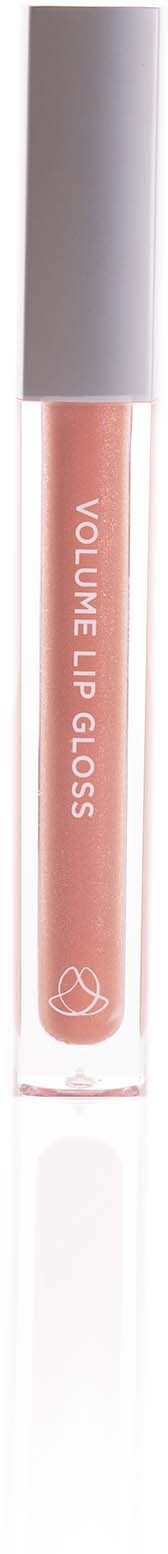Buteleczka błyszczyka do ust z srebrną nakrętką, różowy kolor, z napisem "VOLUME UP GLOSS".