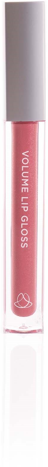 En pink læbepomadeflaske med hvid låg og teksten "VOLUME LIP GLOSS" skrevet på den.