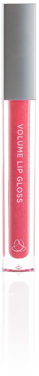 En læbestift i en lang, slank tube med sølvhætte og pink væske indeni. Etiketten siger "Volume Lip Gloss."