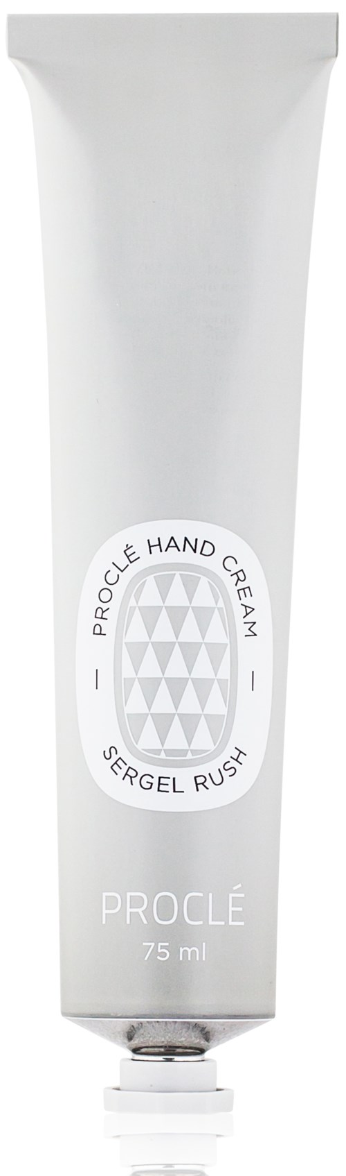 En vit tub med lock, märkt 'PROCLÉ HAND CREAM' och 'SERGEIL RUSH,' 75 ml.