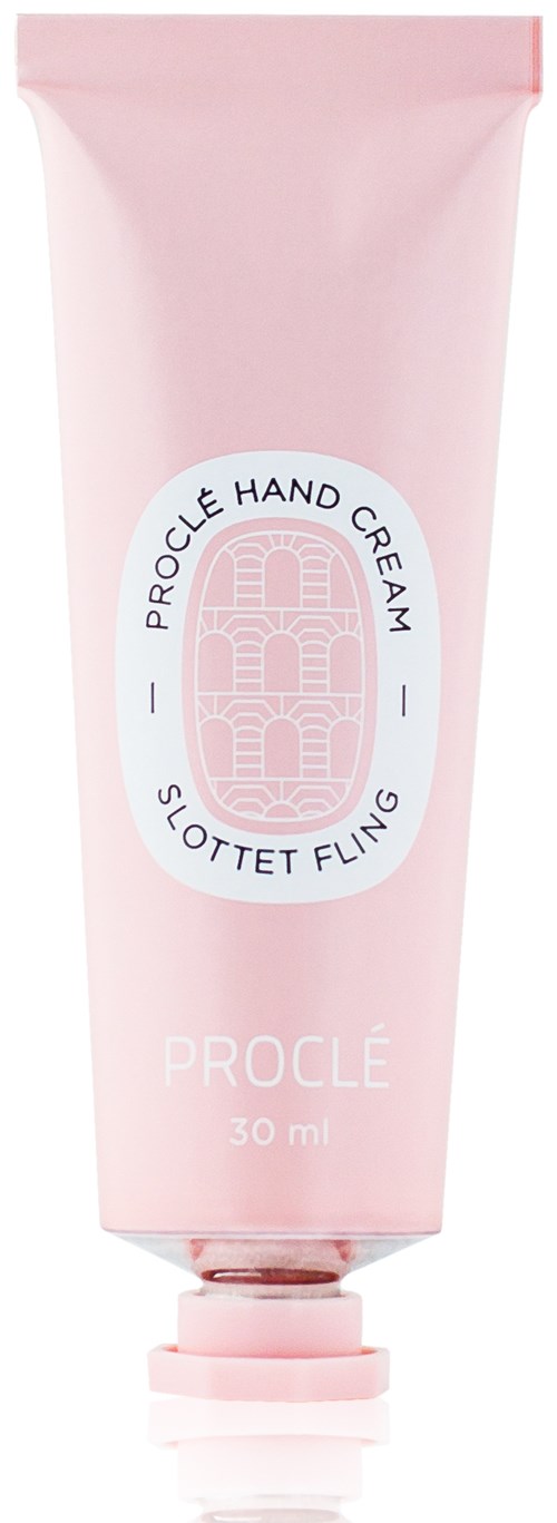 Rosa handkrämstub med white label som säger 'Procle Hand Cream' och '30 ml'.