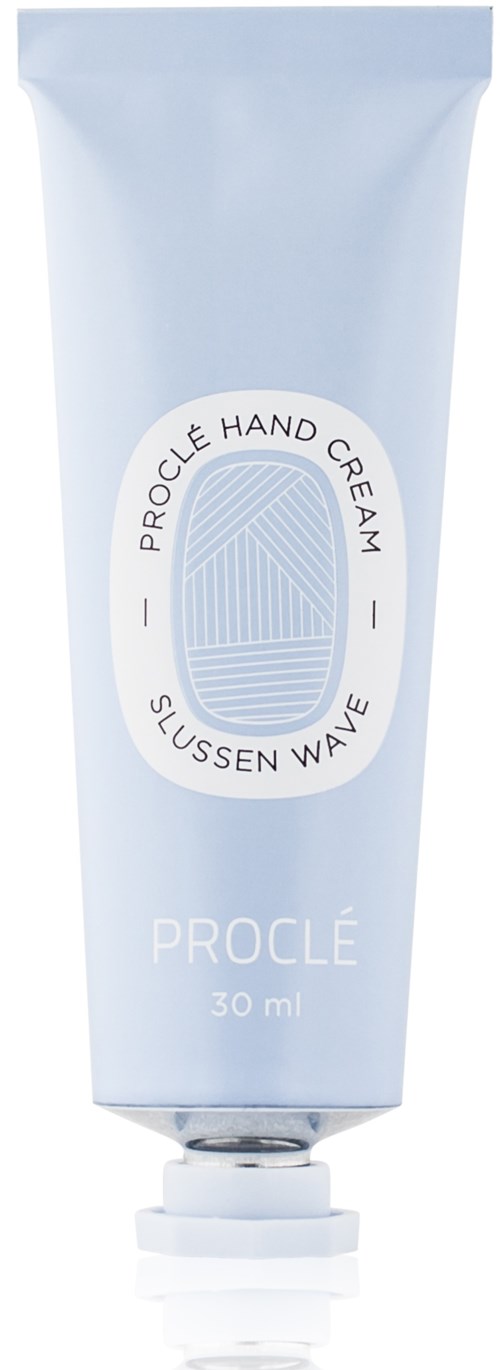 En lyseblå tube med håndkrem med hvit tekst og design, merket 'PROCLE HAND CREAM' og '30 ml'.