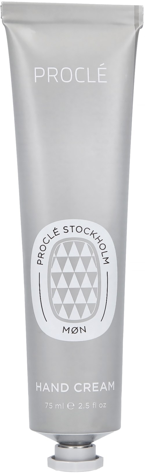 En sølvfarget tube merket 'Proclé Hand Cream' med en logo i midten.