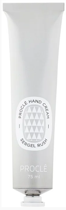 En hvit tube med Proclé håndkrem med sølvs kravkork, etikett i grått og hvitt, 75 ml størrelse.